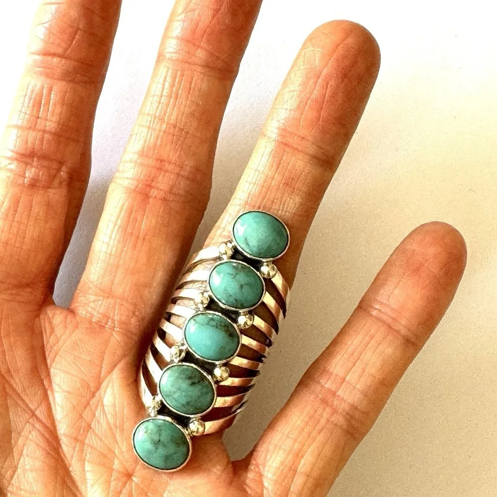 Long Navajo Ring Sz 9 Signed Yazzie Turquoise Sterling Native American 5 Stone